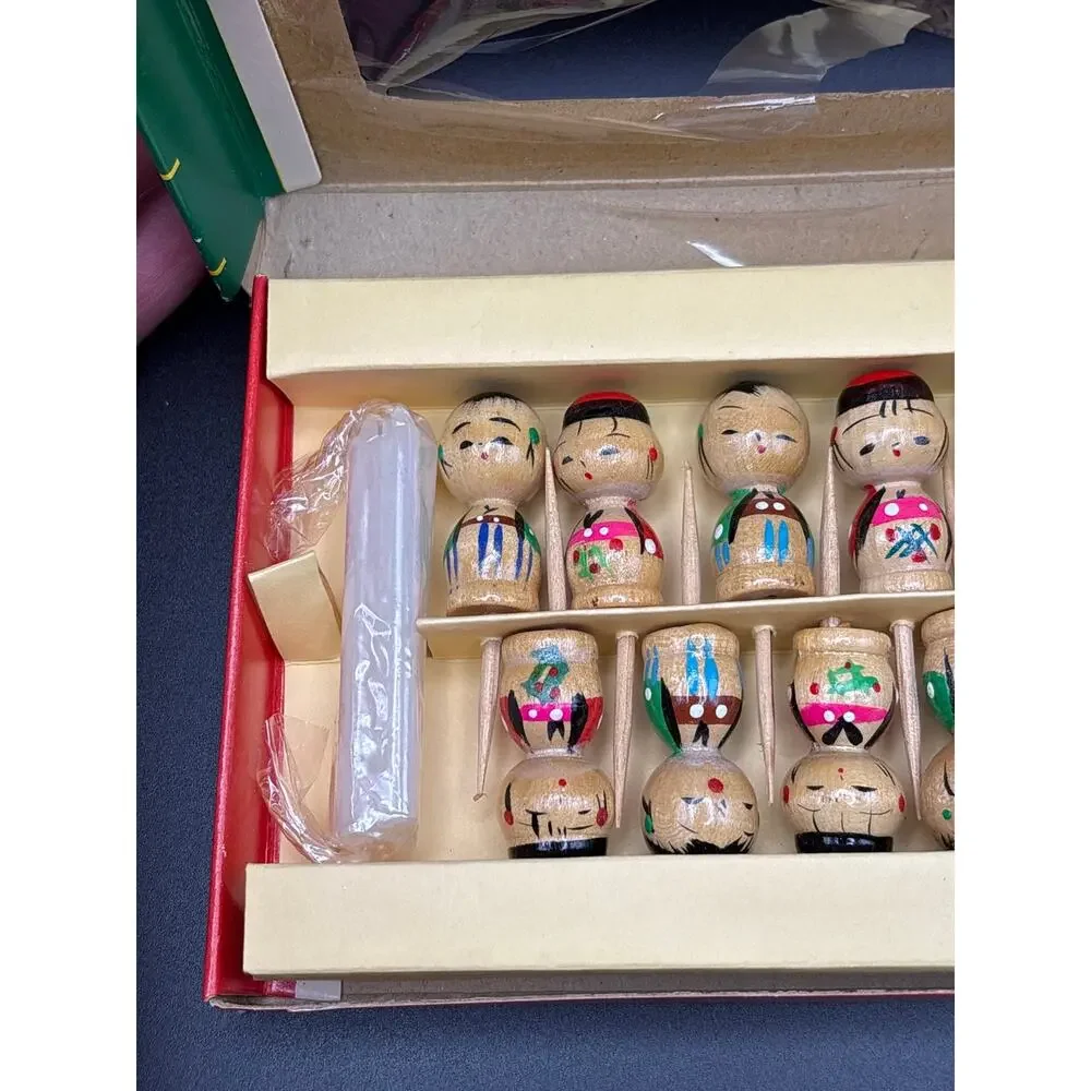 Vintage 1960s Hand Carved Kokeshi Birthday Candle Holders/Picks Set of 12 Japan